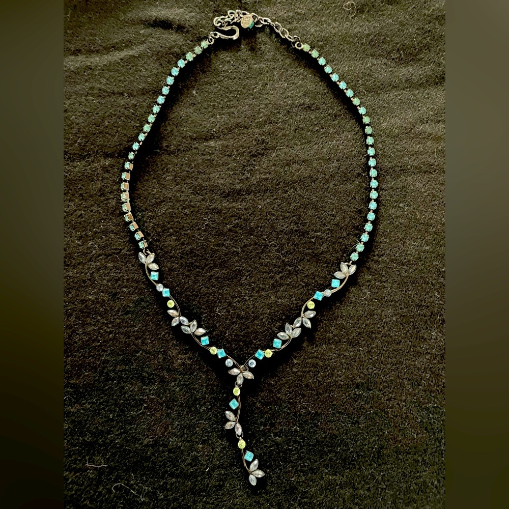 Sapphire Rhinestone Drop Pendant Necklace Blue/Silver 14-17” adjustable